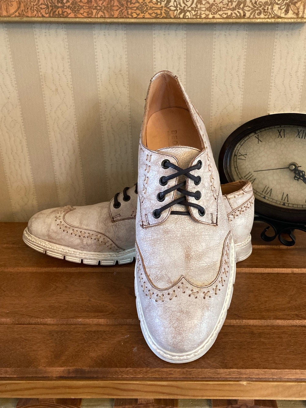 BED|STU Men's “Cayuga” Rustic Cream Brogue Oxfords with Dark Brown Laces
